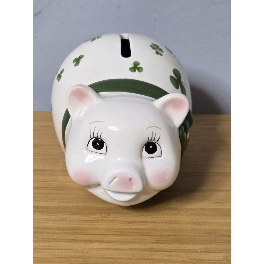 Lefton Ceramic Irish Lucky Shamrocks Coin Piggy Bank With Stopper 4"H x 5.5"L